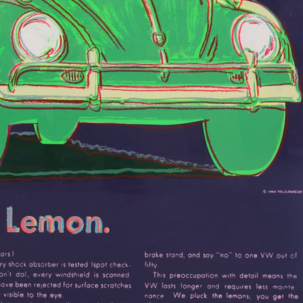 alt="Andy Warhol Volkswagen 1985 detail of front view of green Volkswagen Beetle screenprint"
