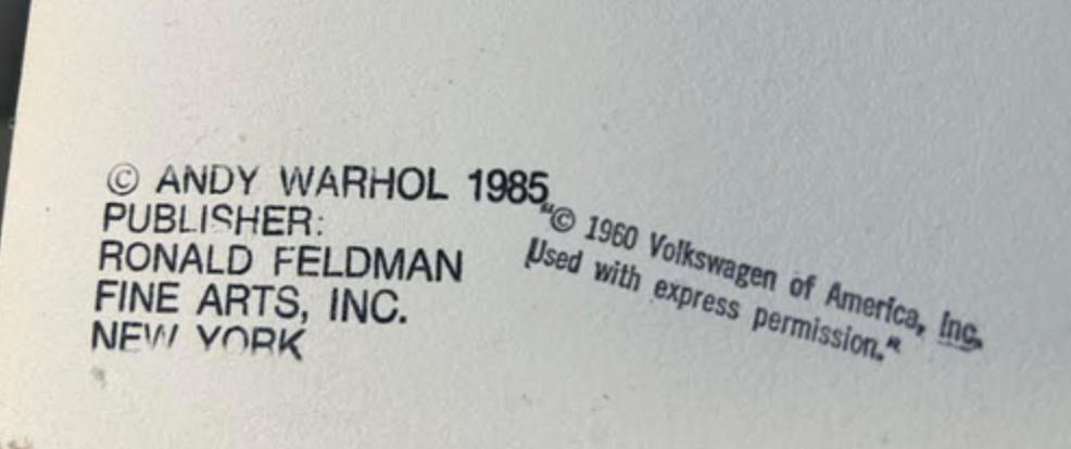 alt="Andy Warhol Volkswagen 1985 signed screenprint detail of lower margin and edition number"
