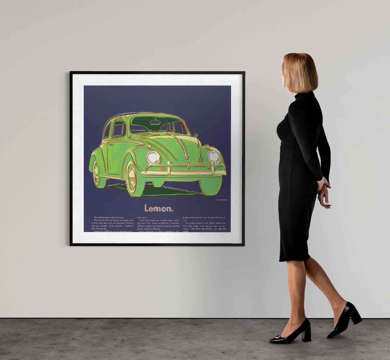 alt="Andy Warhol Volkswagen 1985 screenprint from Ads Portfolio displayed framed on gallery wall interior view"
