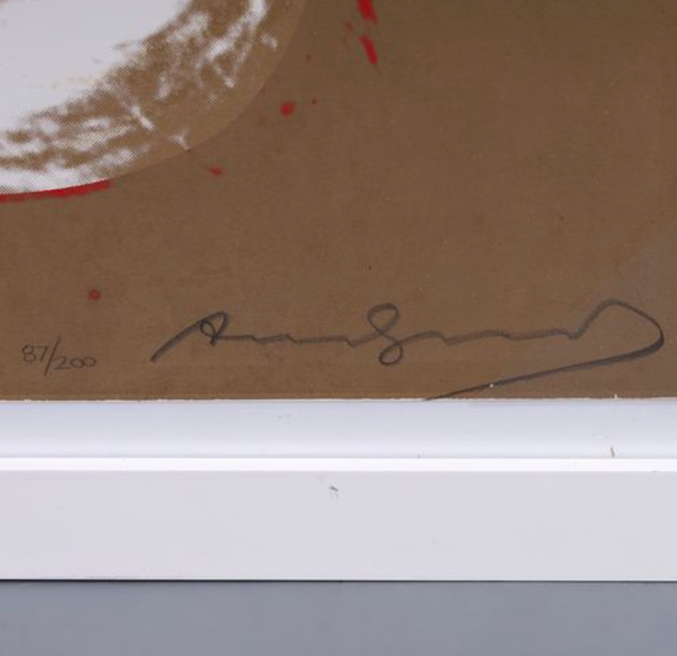 alt="Andy Warhol Santa Claus 1981 signed screenprint detail of pencil signature on lower margin"
