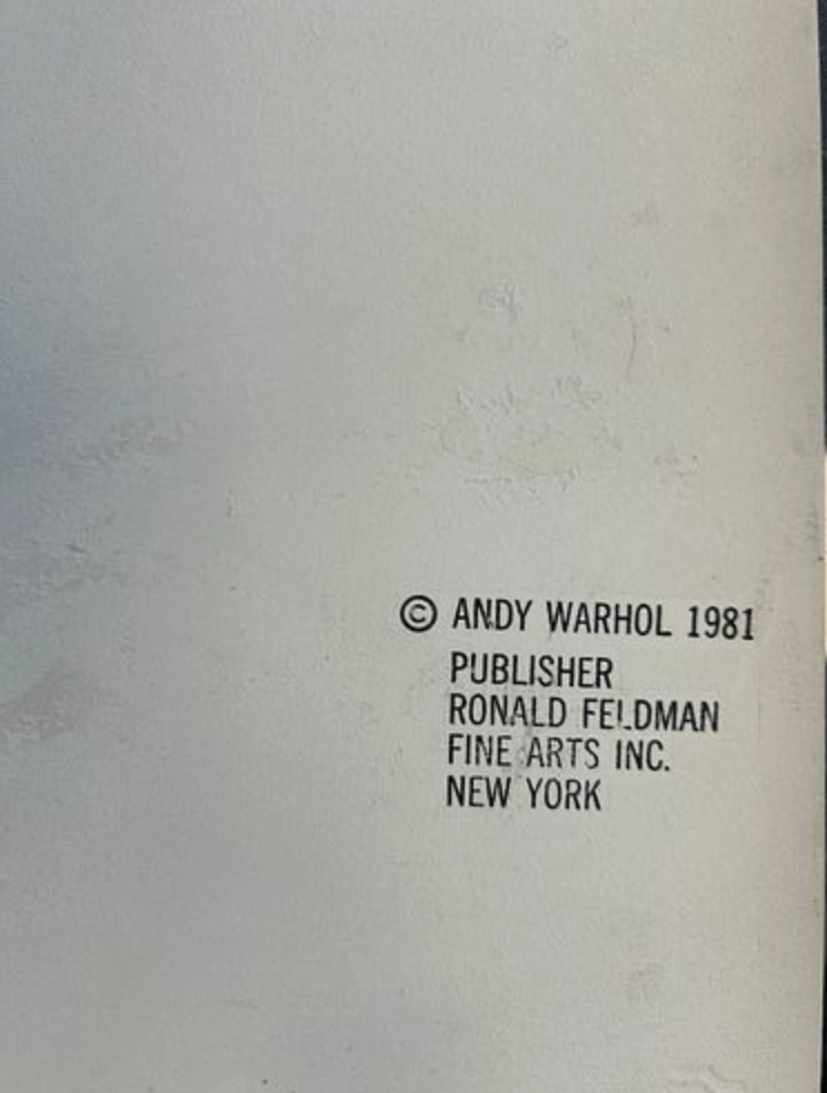 alt="Andy Warhol Santa Claus 1981 verso detail with Ronald Feldman Fine Art and printer stamp"
