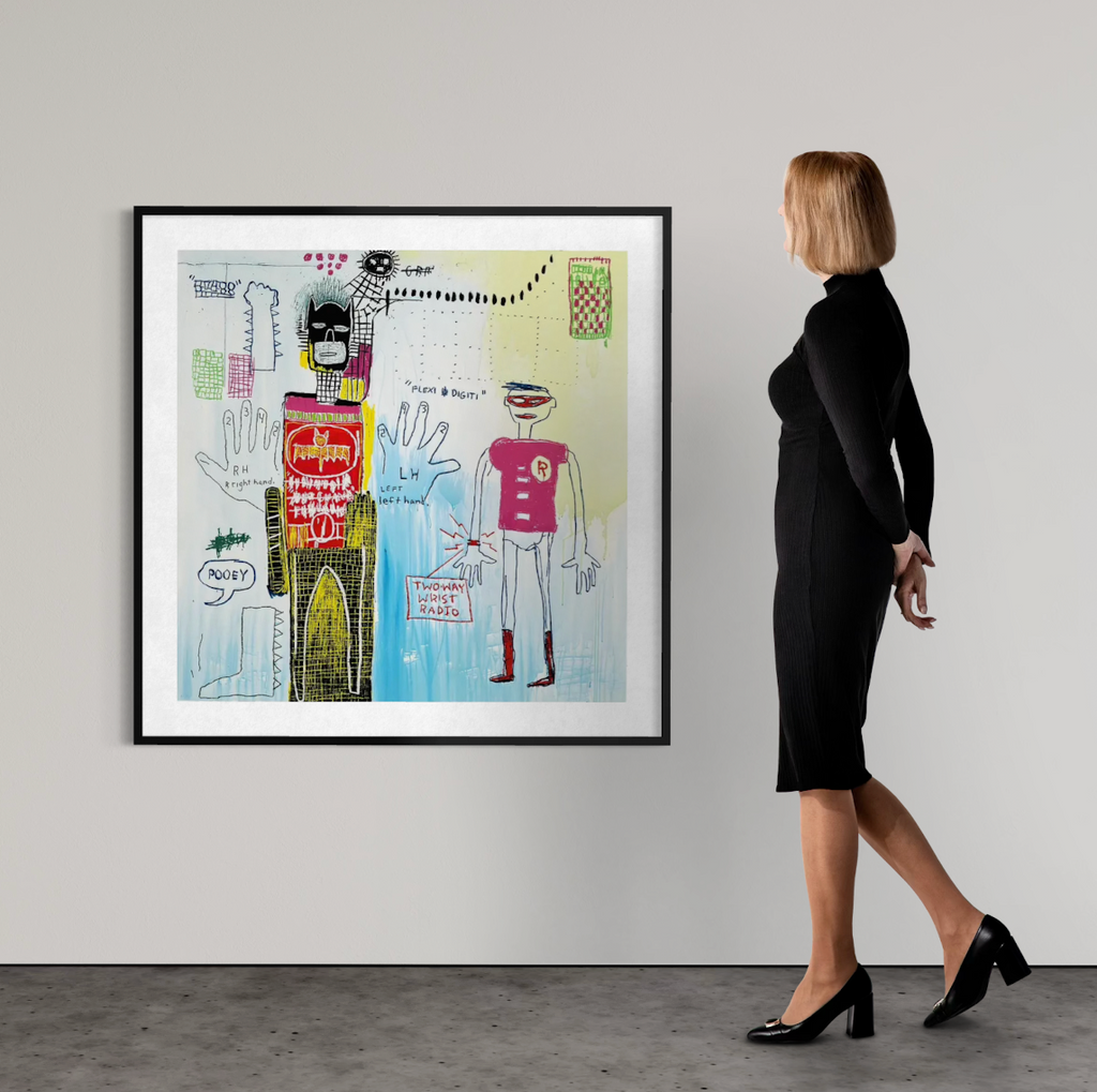 alt="Piano Lesson 2022 after Jean-Michel Basquiat screenprint from Superhero Portfolio displayed framed on gallery wall"

