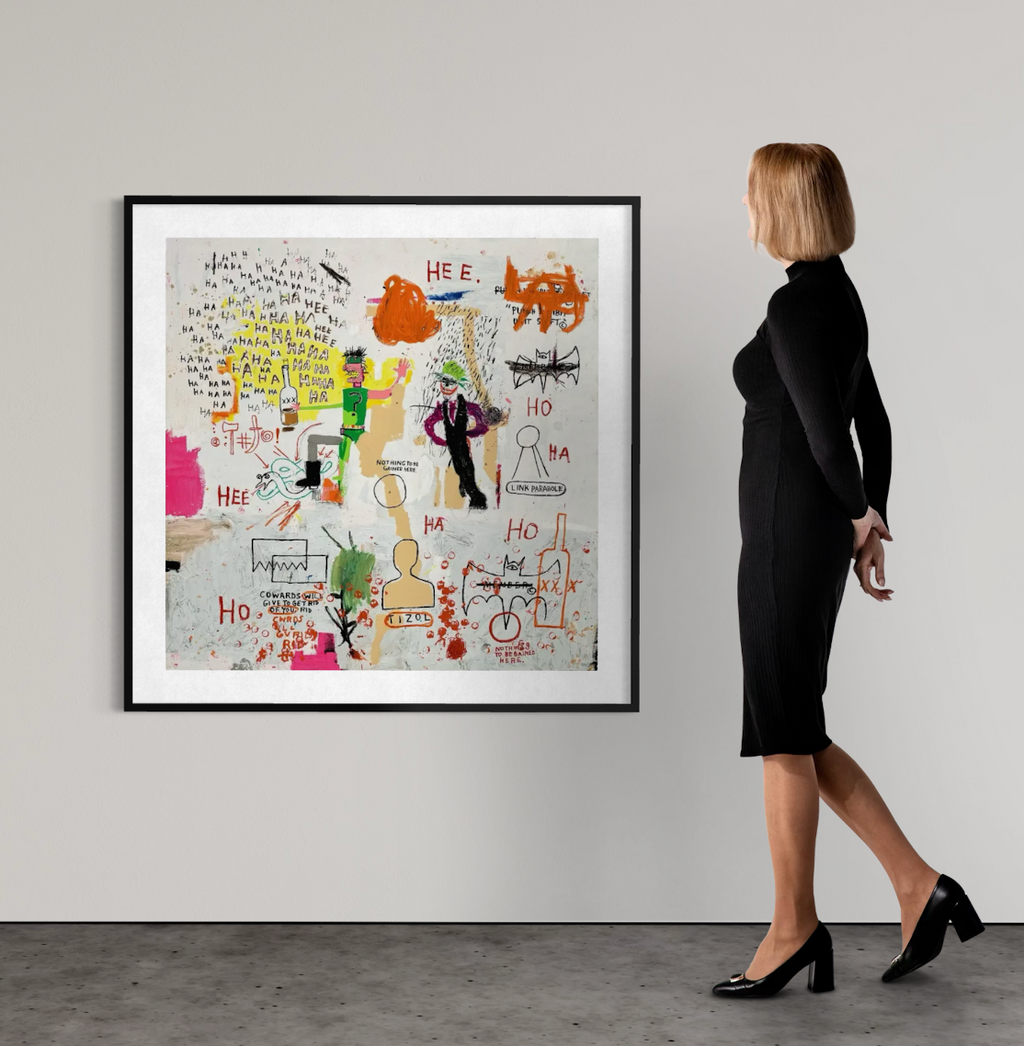 alt="Riddle Me This, Batman 2022 after Jean-Michel Basquiat screenprint from Superhero Portfolio displayed framed on gallery wall"
