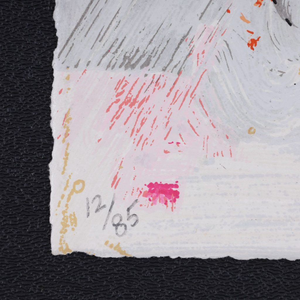 alt="Riddle Me This, Batman 2022 after Jean-Michel Basquiat close-up detail showing layered brushstrokes and vibrant pink, orange and black marks"
