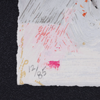 alt="Riddle Me This, Batman 2022 after Jean-Michel Basquiat close-up detail showing layered brushstrokes and vibrant pink, orange and black marks"
