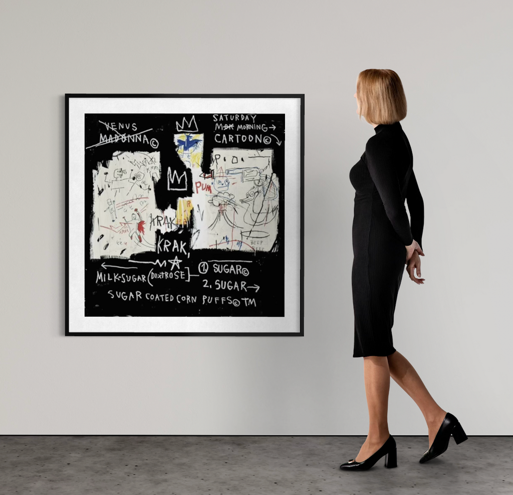 alt="A Panel of Experts 2022 after Jean-Michel Basquiat screenprint from Superhero Portfolio displayed framed on gallery wall"
