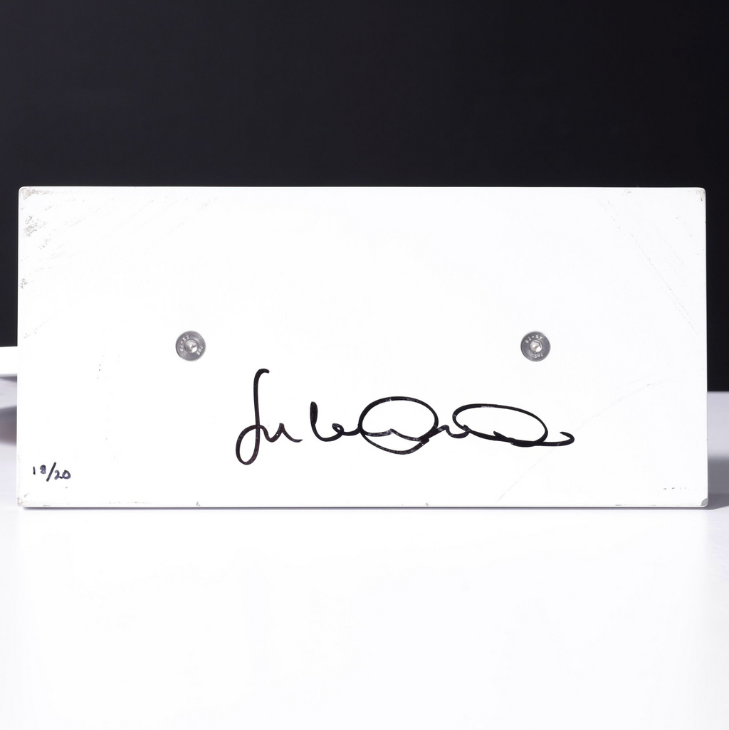 alt="Julian Opie Ian 2017 artist signature detail on aluminum base"
