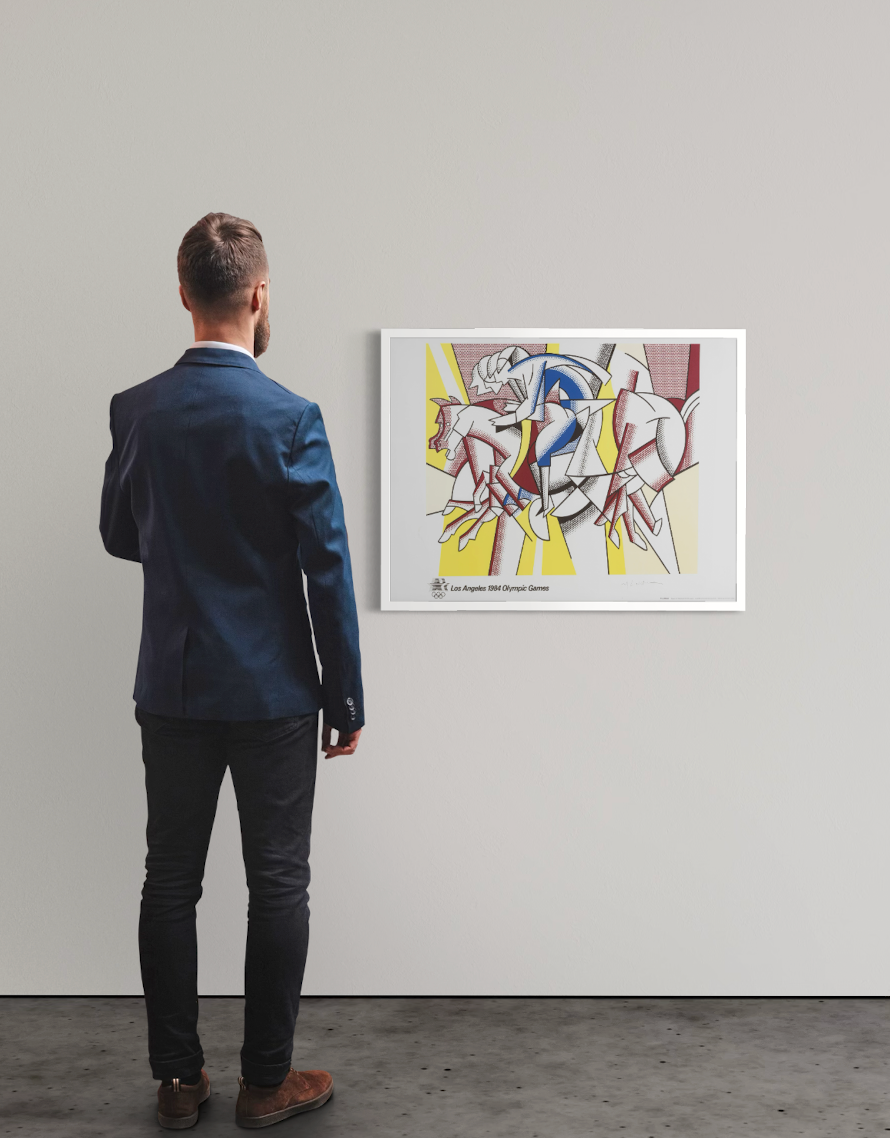 <img alt="Installation view of Roy Lichtenstein's Los Angeles Olympic Games (The Red Horsemen), unframed work displayed on a white gallery wall, with a visitor standing with their back to the camera contemplating the piece." />