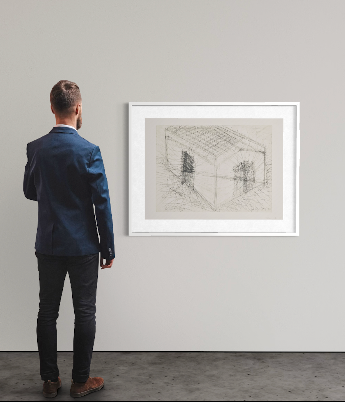 <img alt="Installation view of Bruce Nauman's House Divided, framed work displayed on a white gallery wall, with a visitor standing with their back to the camera contemplating the piece." />