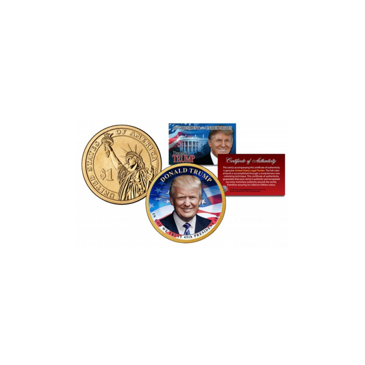 DONALD J. TRUMP Offizieller 45. Präsident – ​​kolorierte Präsidentschaftsdollar-Münze im Wert von 1 US-Dollar als gesetzliches Zahlungsmittel der USA