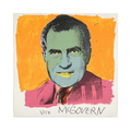 alt="Andy Warhol Vote McGovern 1972 screenprint featuring Richard Nixon portrait in green and pink with orange background and Vote McGovern text"
