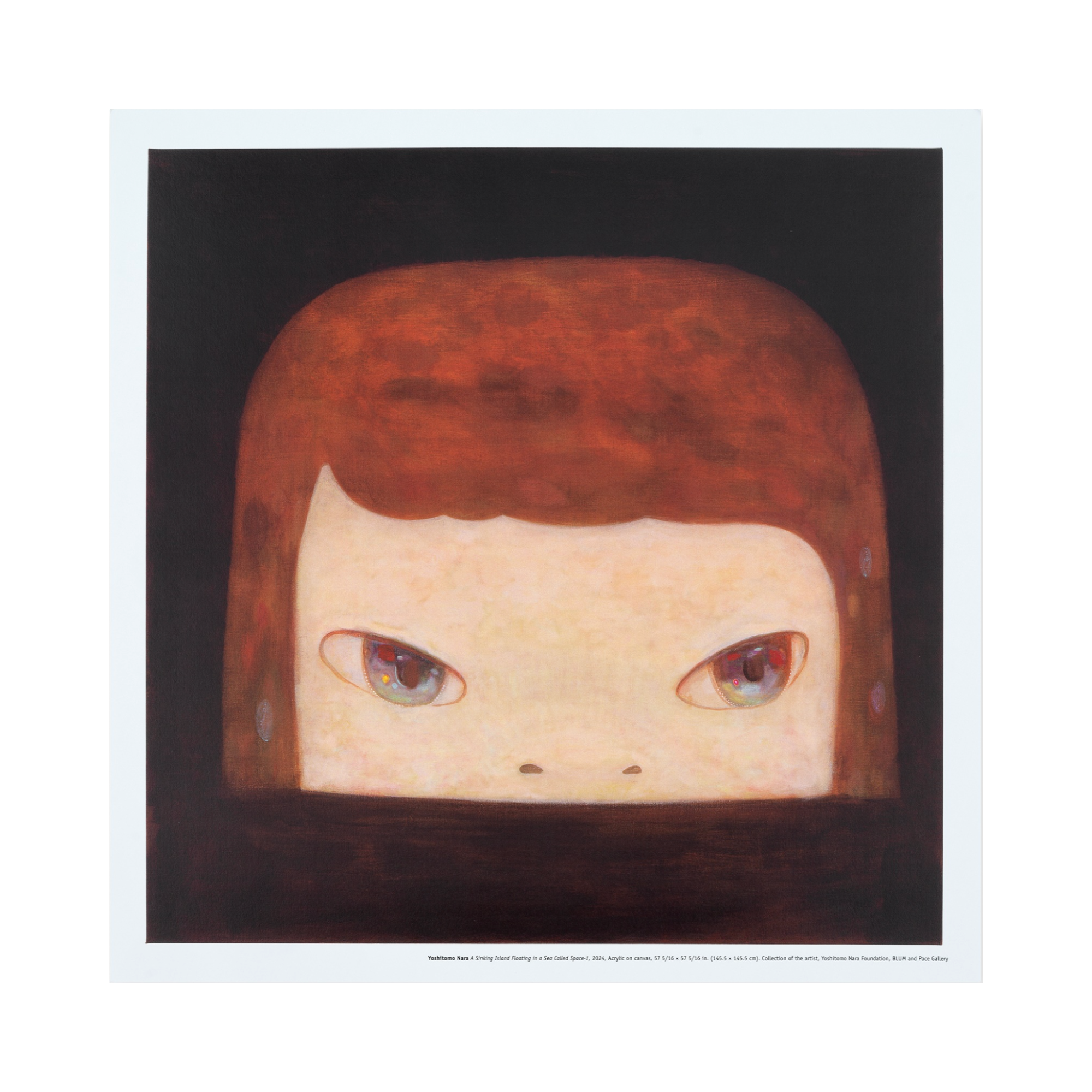 alt="Yoshitomo Nara A Sinking Island Floating in a Sea Called Space 1 2024 offset lithograph child face emerging from dark water square format"
