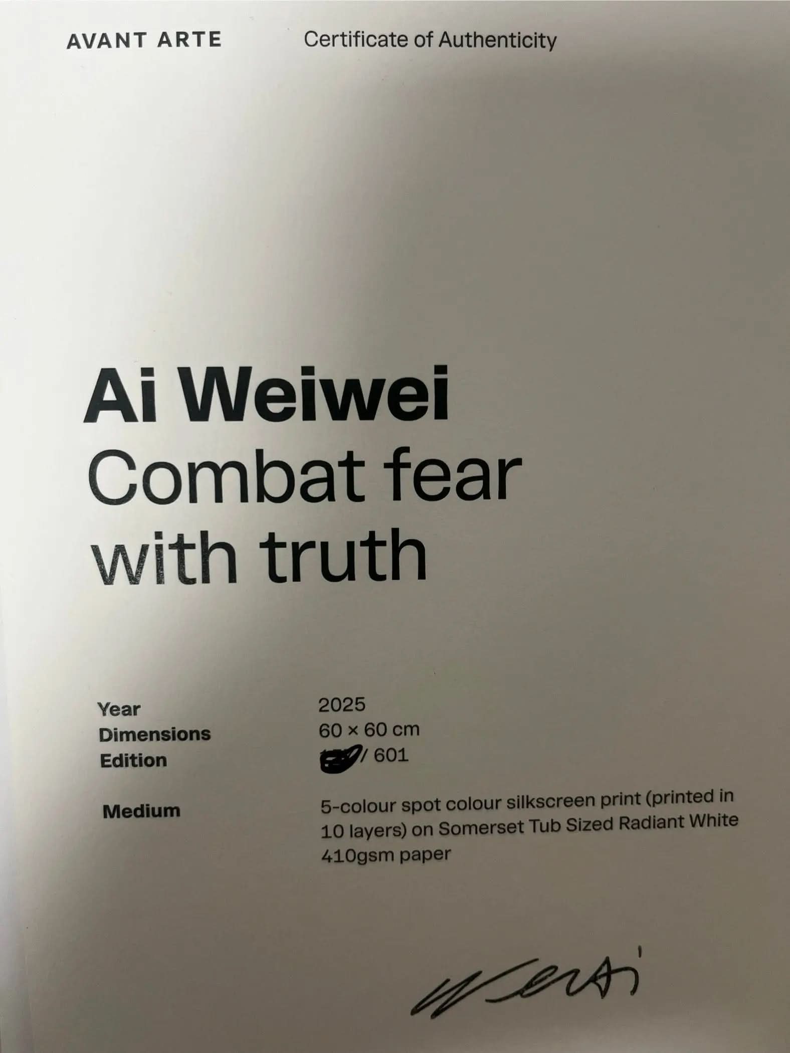 Ai Weiwei, Combat fear with truth, 2025 LYNART STORE