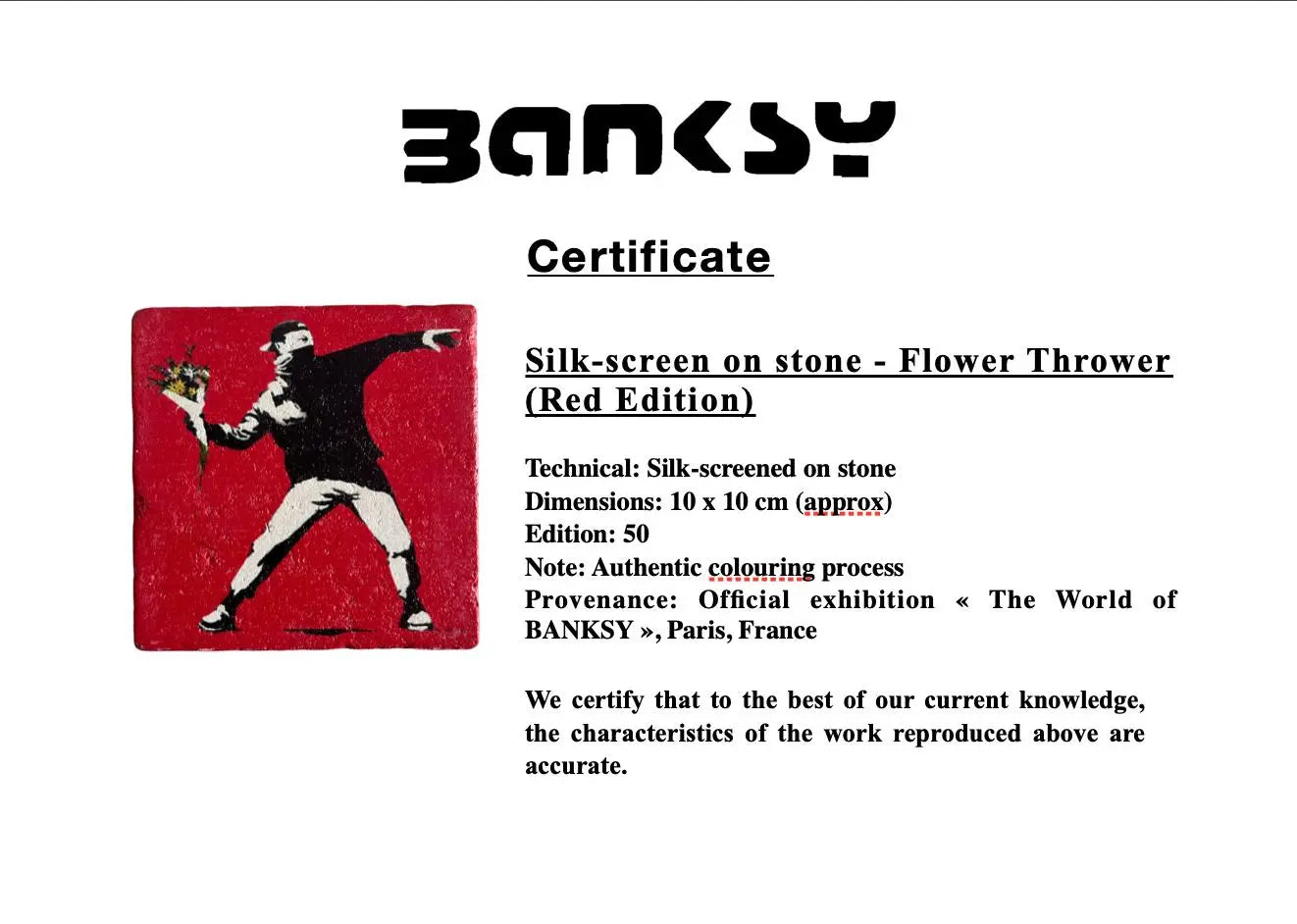 BANKSY *Flower Thrower (Red Edition)* Sérigraphie sur pierre Edition Limitée LYNART Store