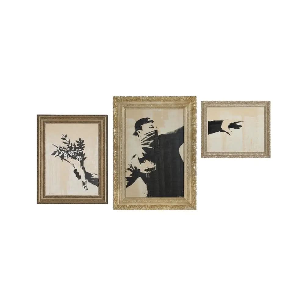 Banksy - Flower Thrower Triptych (Grey) 2019 - Color screenprint on recycled board