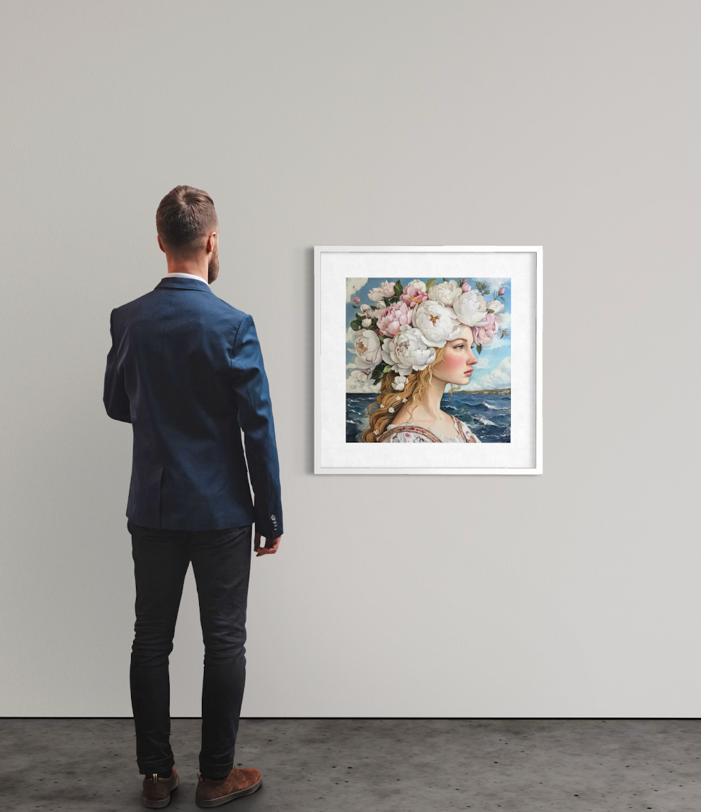 Sea of Peonies 2025 d’Antonia Beauvoir exposée au mur, sérigraphie contemporaine 50 x 50 cm numérotée sur 15"
