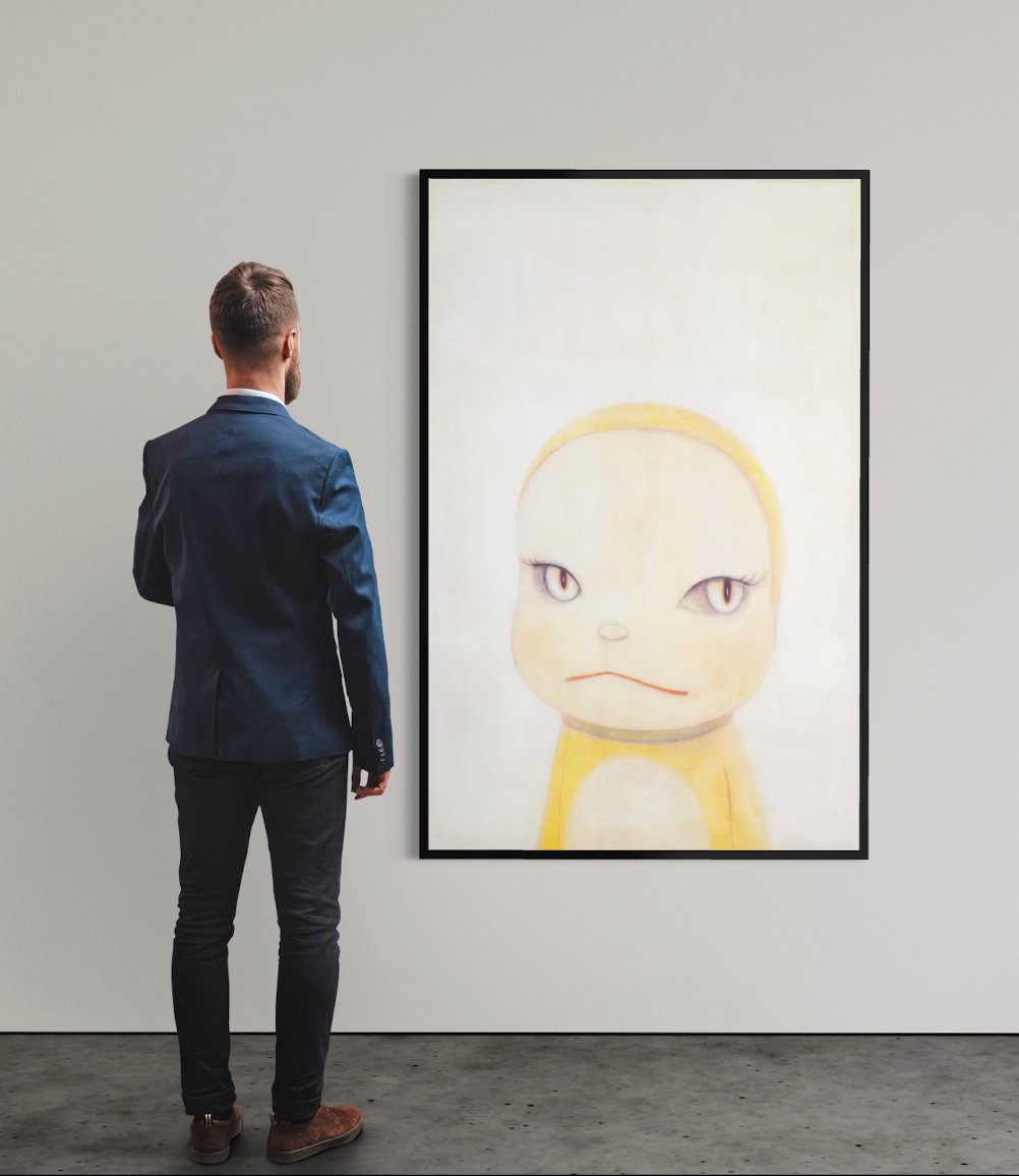 alt="Yoshitomo Nara DORAMICHAN's Ribbon Was Taken by GIAN 2002 large vertical poster installed on gallery wall with viewer for scale"
