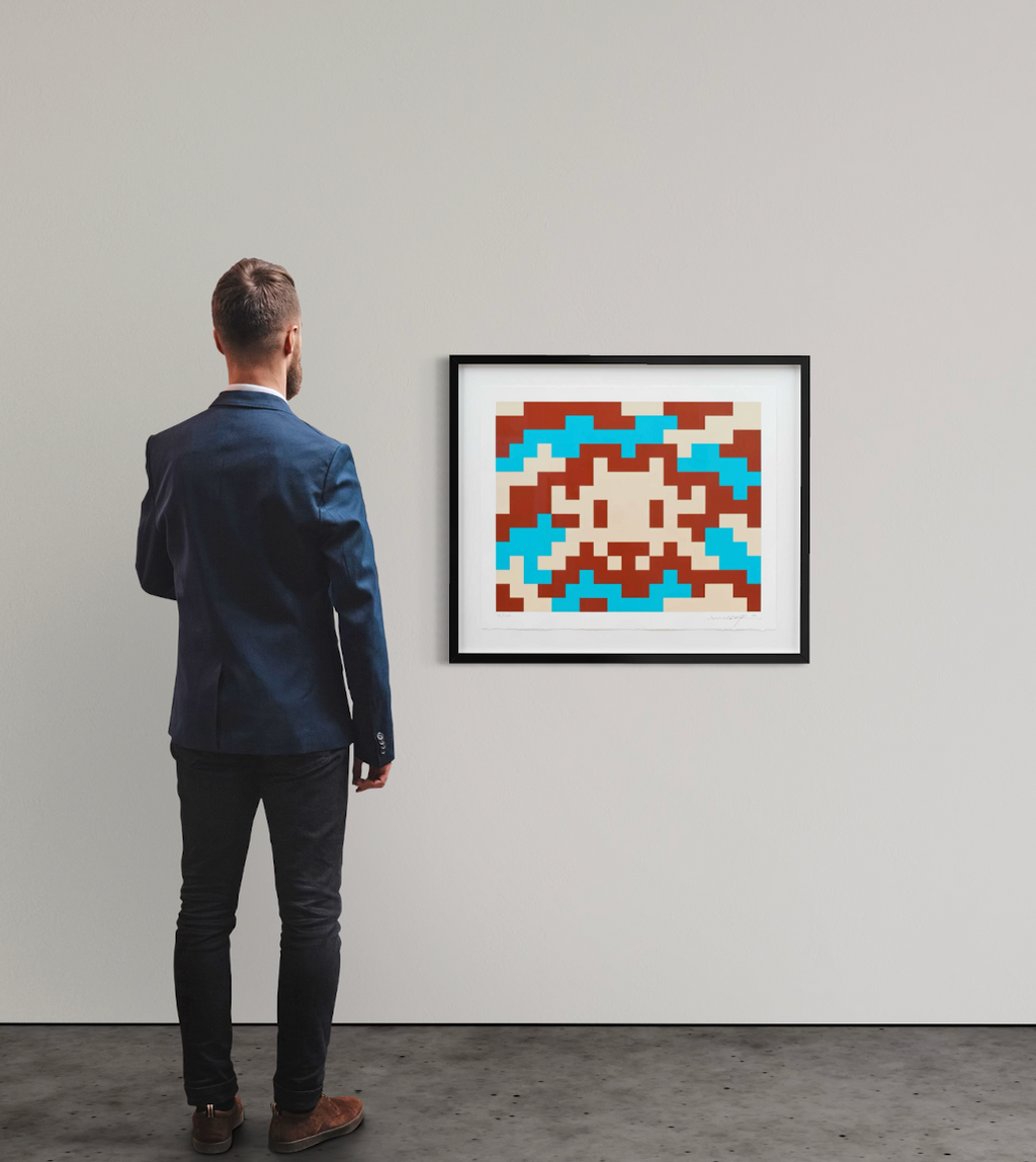alt="Invader Camo M-3C-M1 2024 framed screenprint displayed on wall contemporary interior view"

