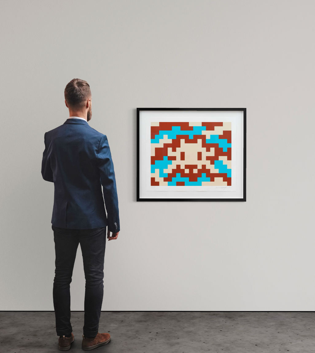 alt="Invader Camo M-3C-M1 2024 framed screenprint displayed on wall contemporary interior view"

