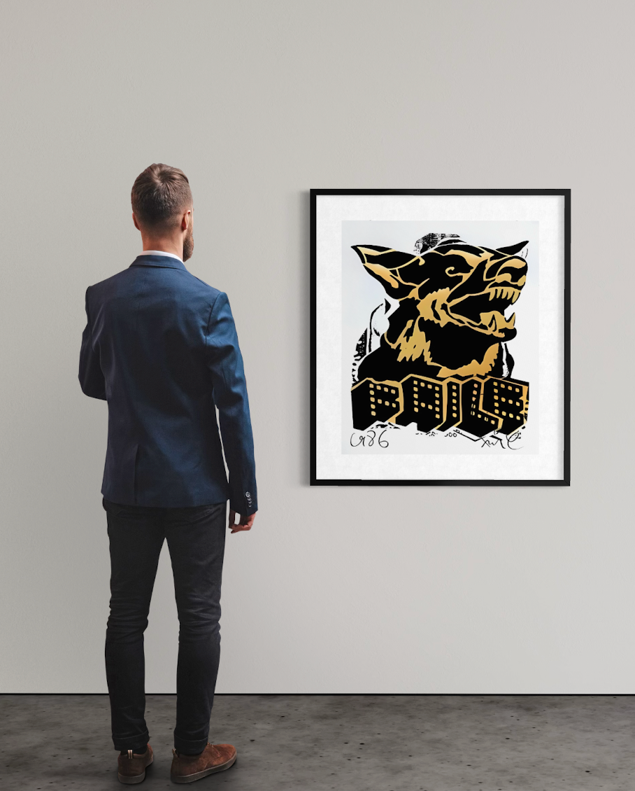 alt="Faile Faile Dog Gold Black 2022 framed offset print with gold foil displayed on wall interior view"