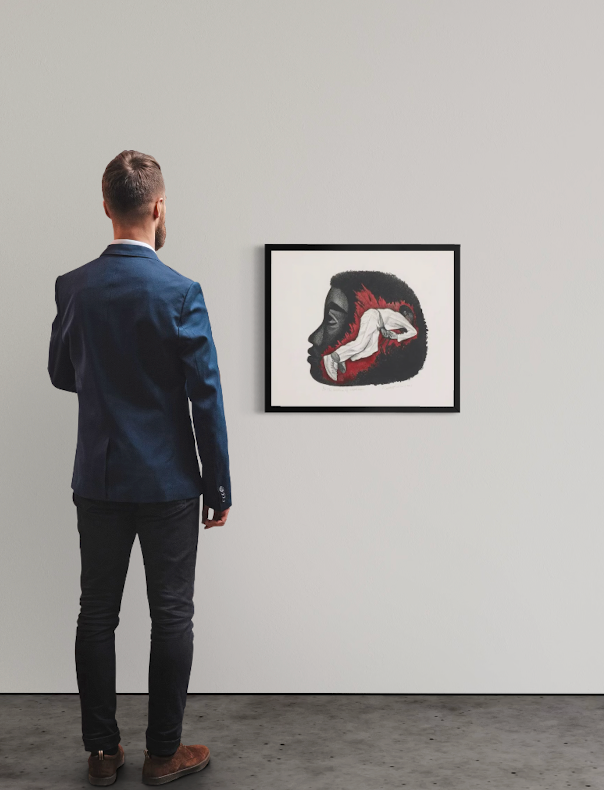 <img alt="Installation view of Elizabeth Catlett's The Torture of Mothers, framed work hanging on a white gallery wall, with a visitor standing with their back to the camera contemplating the piece." />