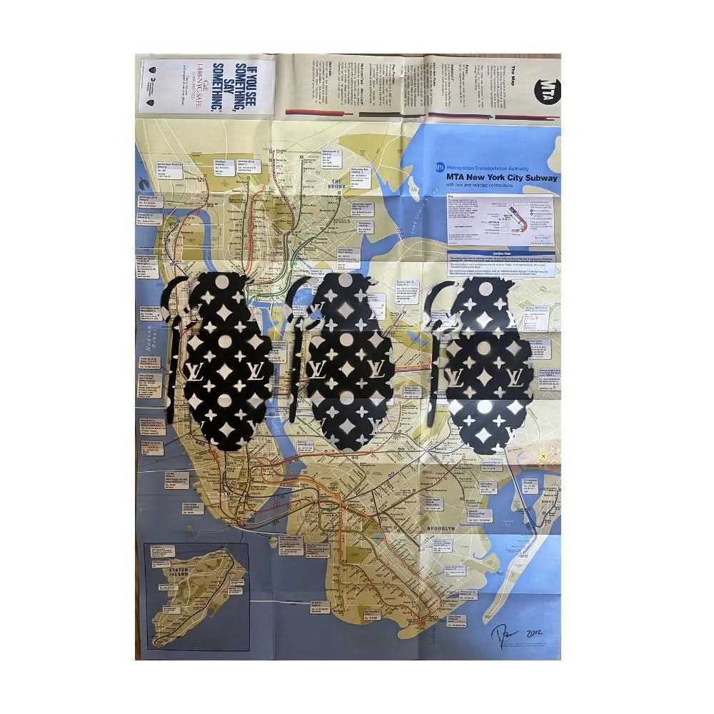 Death NYC- Carte de Metro Unique- Pochoir , 2012 - Spray paint stencil on metro map