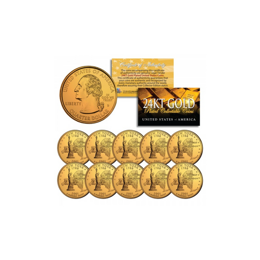 2001 Monedas BU de la Casa de la Moneda de los EE. UU. del Estado de Nueva York de 24 K BAÑADAS EN ORO (Cantidad 10) Monedas BU de la Casa de la Moneda de los EE. UU. BAÑADAS EN ORO DE 24 K (Cantidad 10)