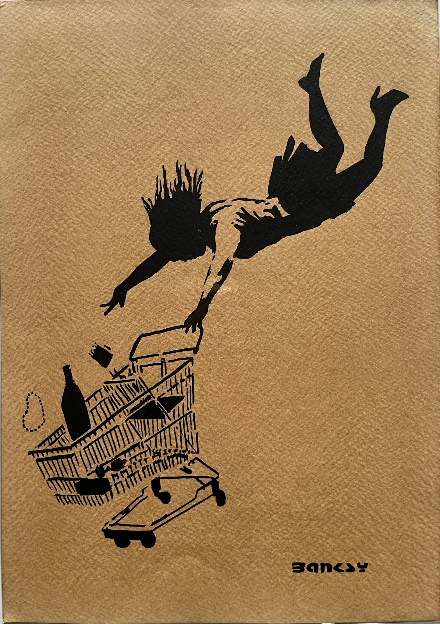 BANKSY x MOMA - Falling Shopper - Dessin sur papier d'art