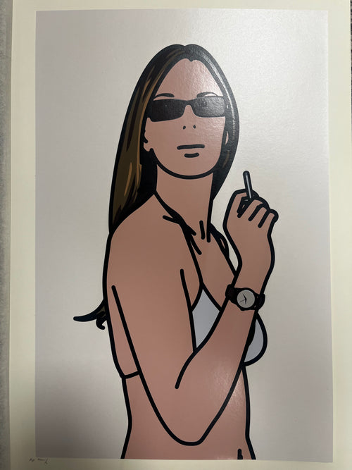 Detail of face and sunglasses in Julian Opie Ruth Smoking 4 2005
