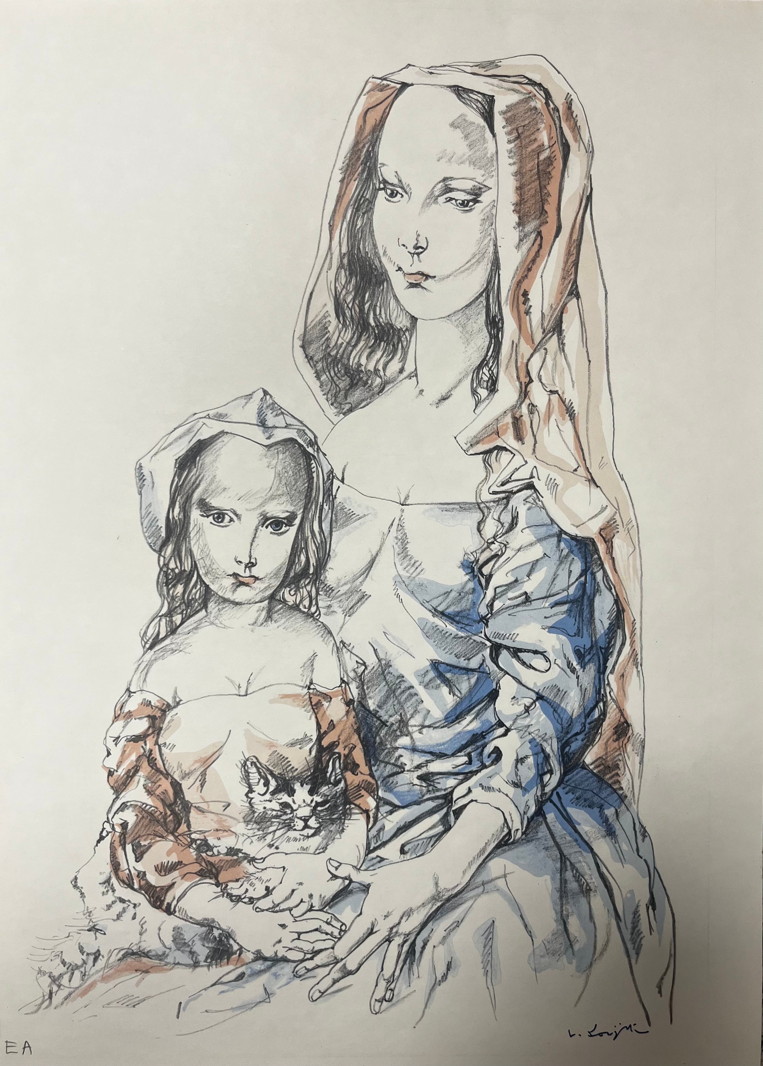 Detail of figures in Tsuguharu Foujita Mother and Child 1965 lithograph
