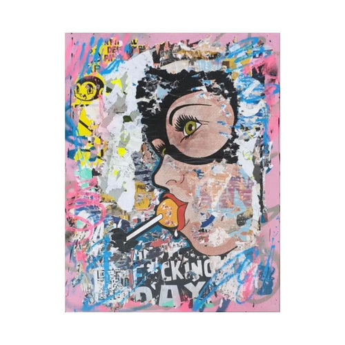 Lasveguix, Lollypop - Mixed media collage on torn posters, spray paint and acrylic