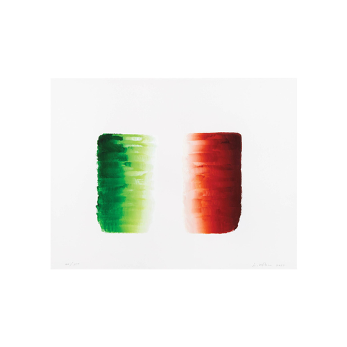 Lee Ufan Untitled 2022 archival pigment print with green and red vertical forms
