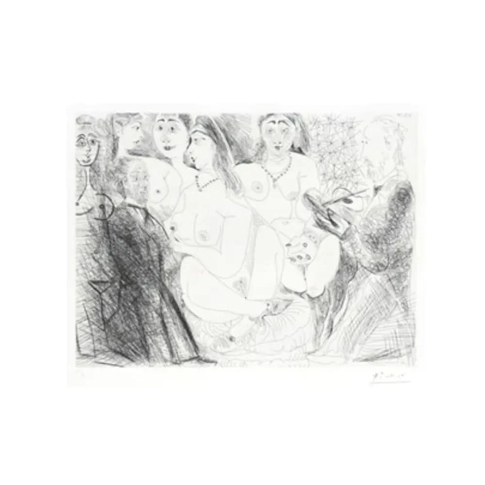 Pablo Picasso, Degas en jaquette, se dessinant lui-même, en habit, chez les filles (1971) - Etching on BFK Rives paper