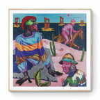 Simphiwe Ndzube - In the Silence of the Drum (2021) - 10-color screen print with three special effects – zinc on the left panel, solar gold on the islands, and metallic magenta on the horse and face