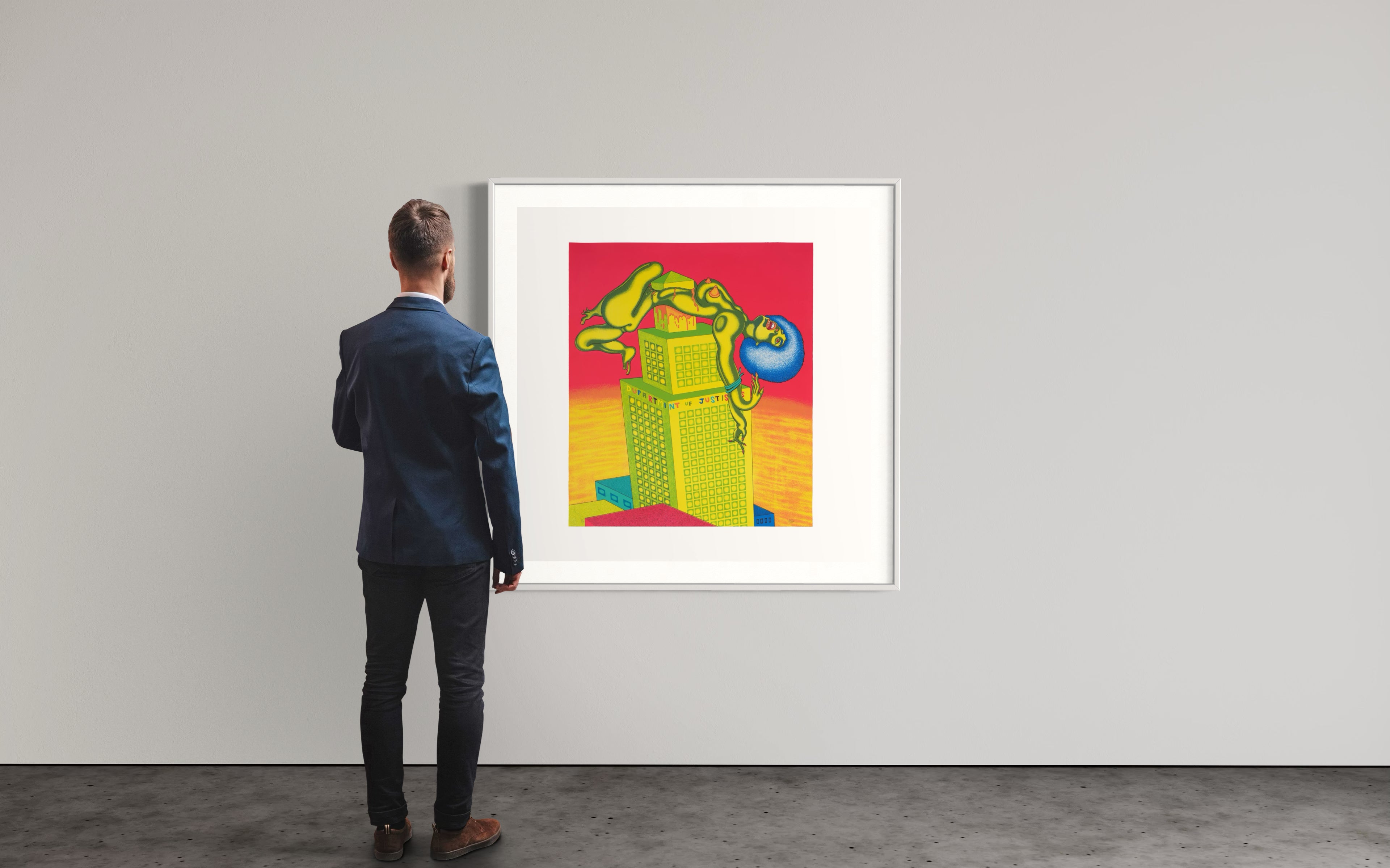 Peter Saul lithograph Angela Davis (1972) displayed framed on a gallery wall
