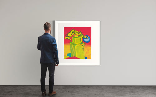 Peter Saul lithograph Angela Davis (1972) displayed framed on a gallery wall
