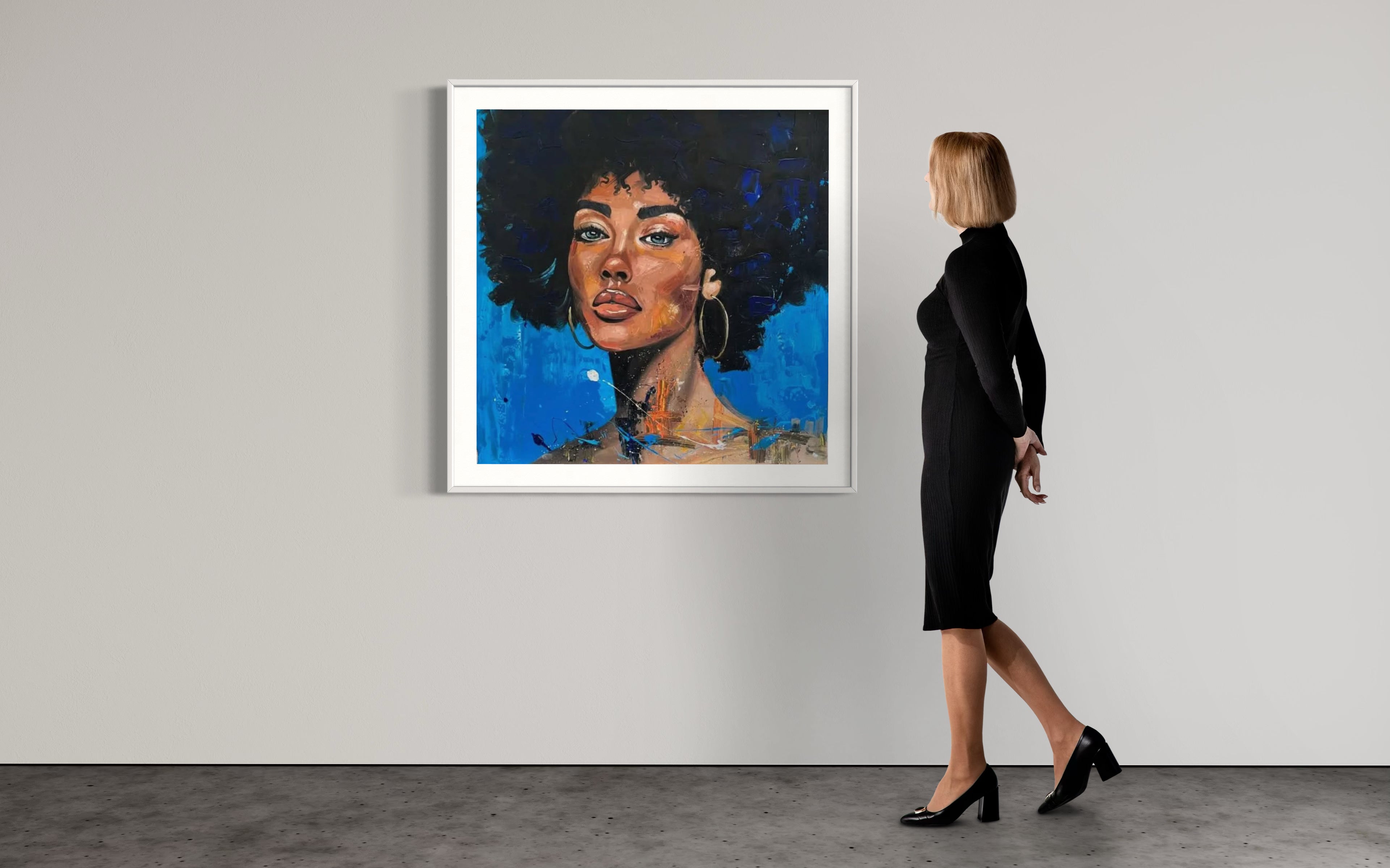 Œuvre Blue Hues of Confidence 2024 d’Ansu Niabaly exposée en galerie, acrylique sur toile 80 x 80 cm