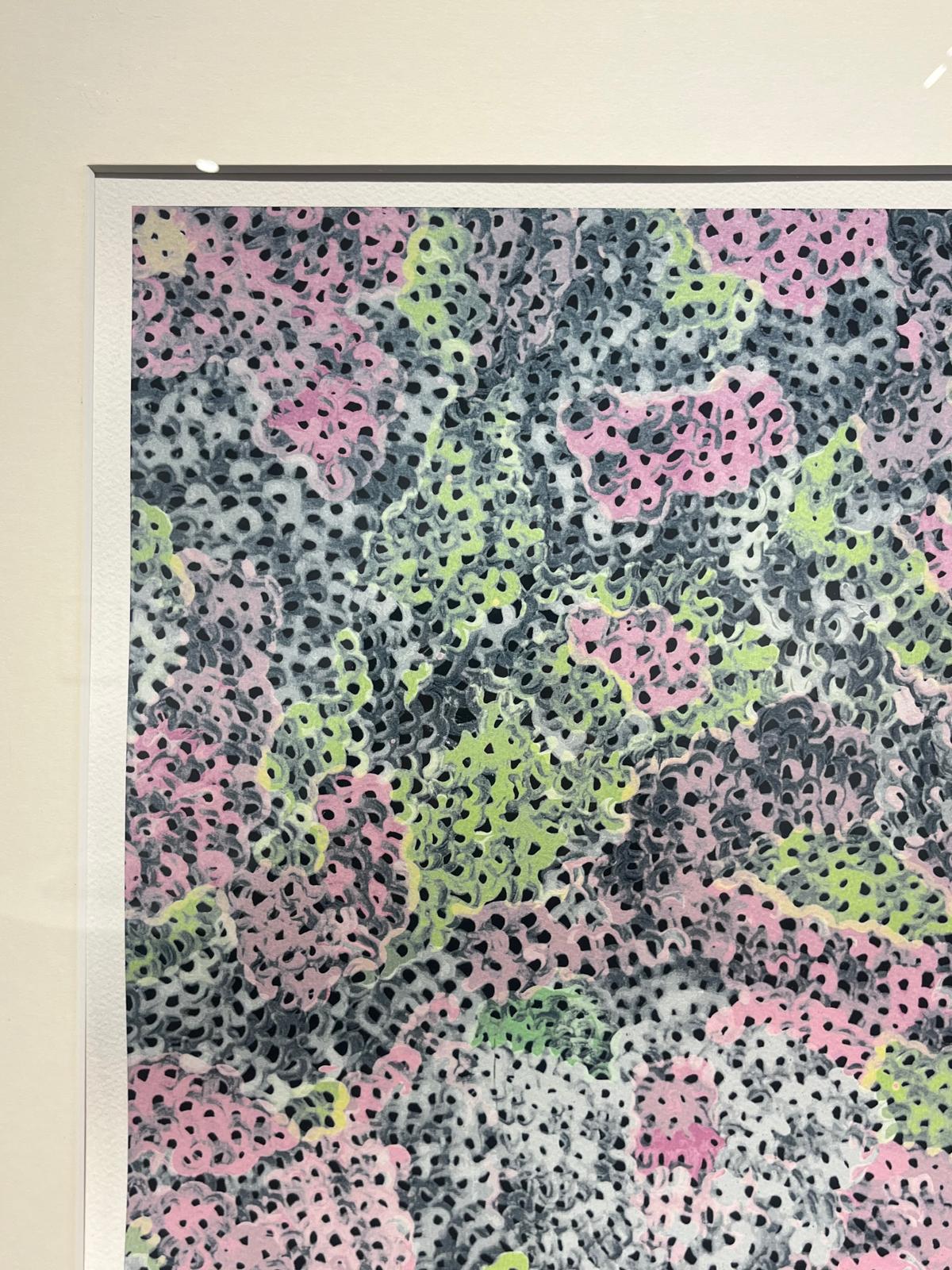 Framed Yayoi Kusama print The Flowering Shinano Road 1999 displayed on wall
