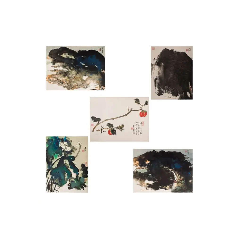 Zhang Daqian, Temple in the Mountains / Visitor in the Mountains / Persimmons / Village in the Mountains / Lotus (1973) - lithograph