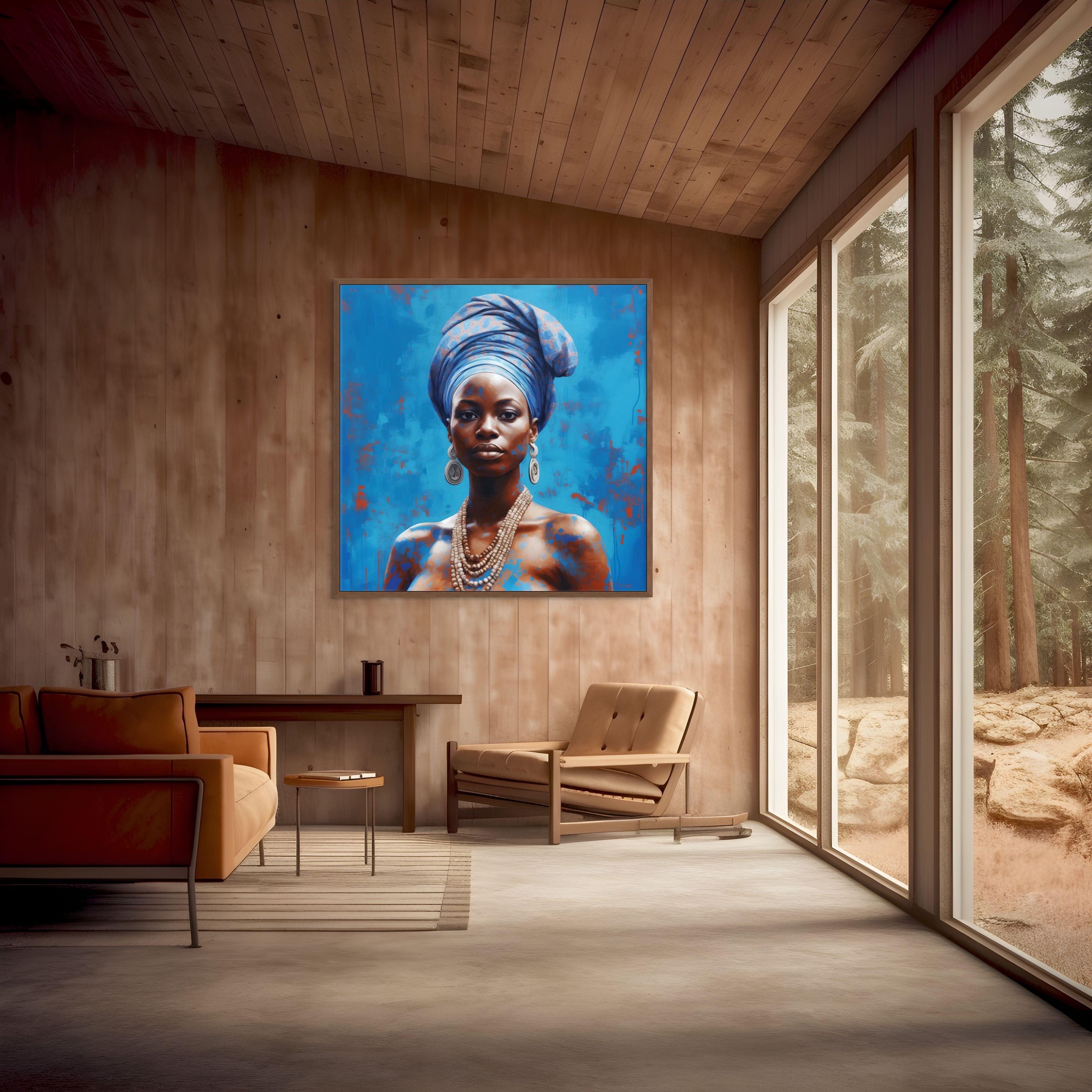 Œuvre Blue Elegance 2024 d’Ansu Niabaly présentée en intérieur contemporain, sérigraphie d’art africain encadrée
