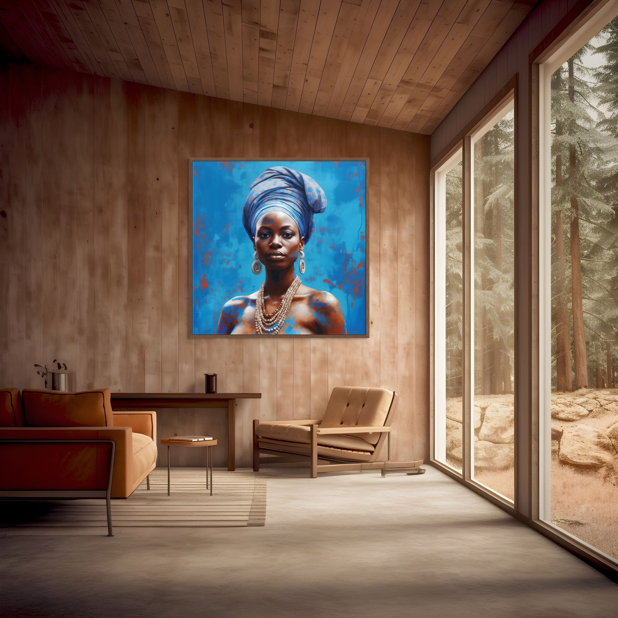Œuvre Blue Elegance 2024 d’Ansu Niabaly présentée en intérieur contemporain, sérigraphie d’art africain encadrée