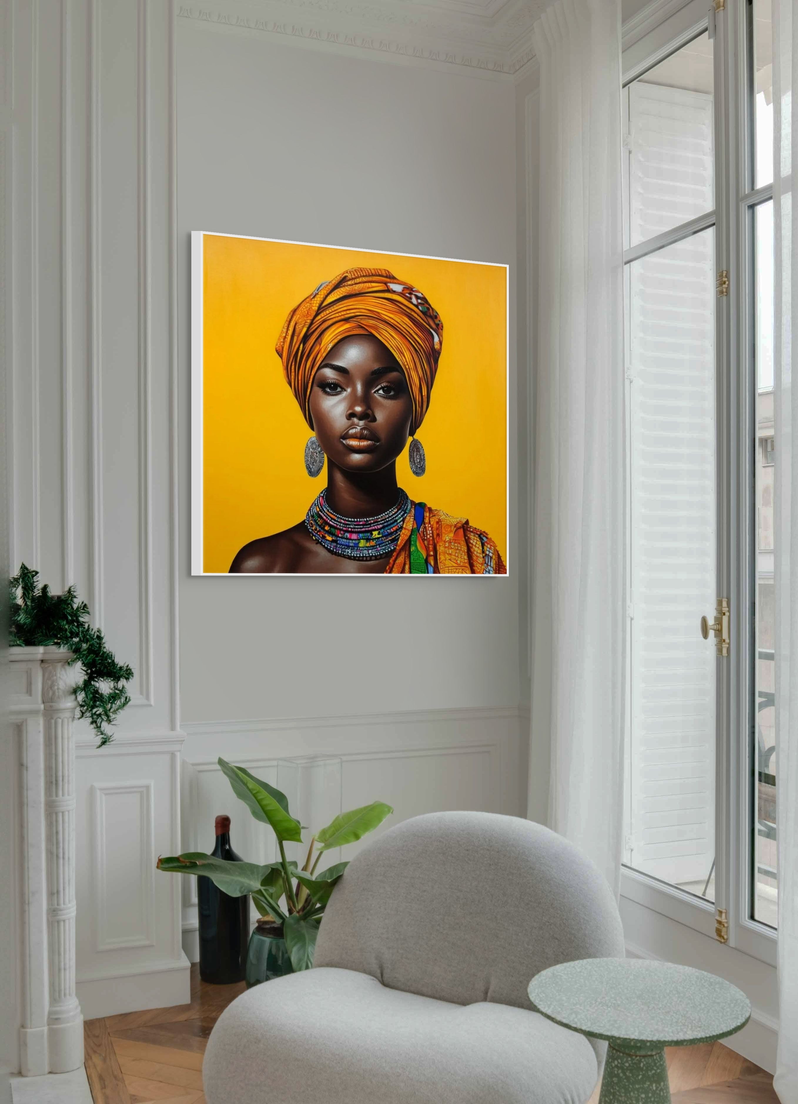 Œuvre Golden Grace 2024 d’Ansu Niabaly présentée en intérieur contemporain, sérigraphie d’art africain encadrée