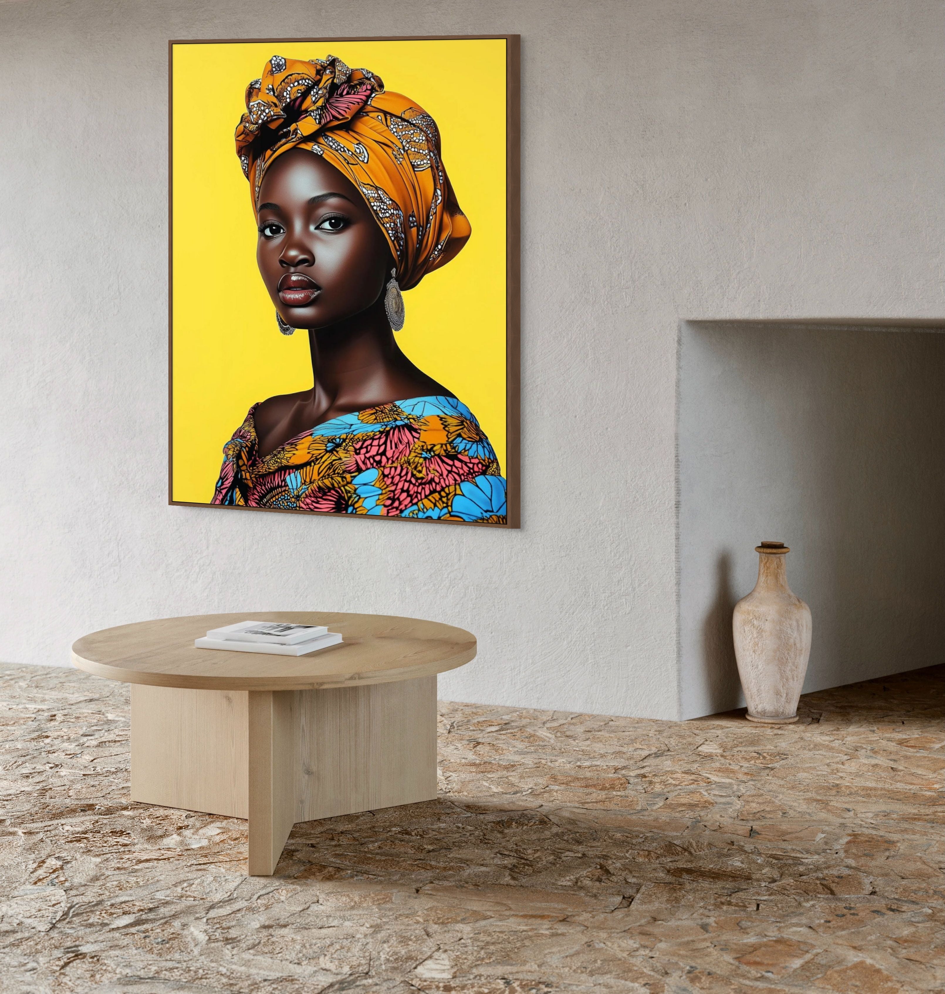 Sunlit Elegance (2024) par Ansu Niabaly, portrait féminin africain en sérigraphie couleur rehaussée à la main, fond jaune vibrant