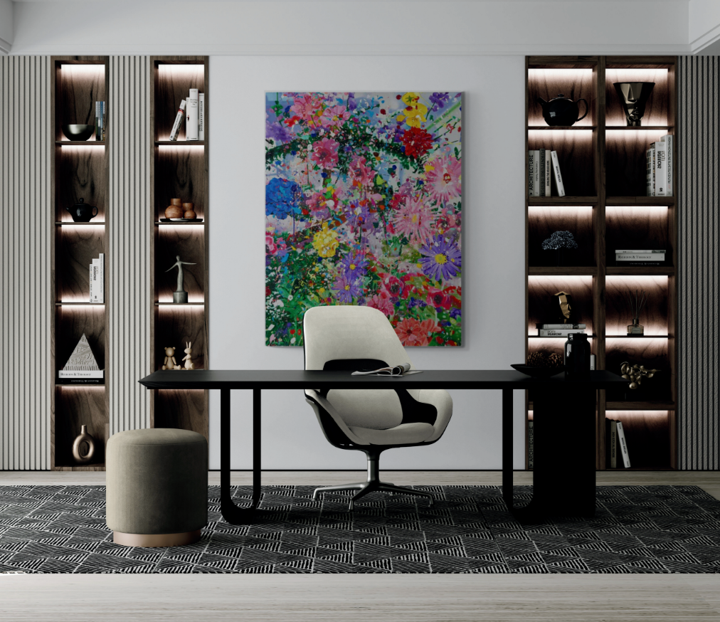 alt="Contemporary artwork displayed in a modern office – Art leasing service by Lynart"
