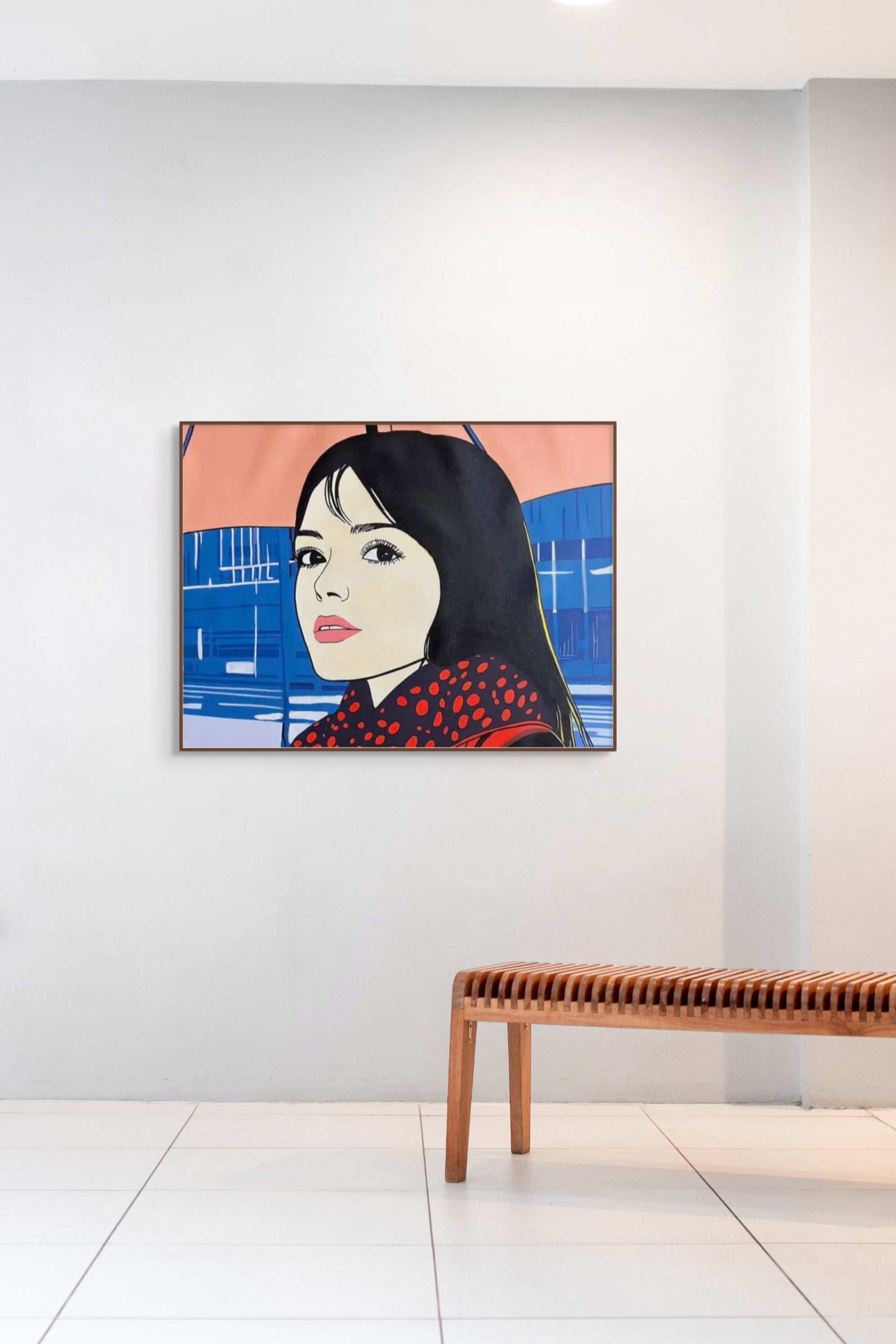 Œuvre Beneath the Peach Umbrella 2024 de Yun Sé exposée en galerie, peinture acrylique sur toile 77 x 45 cm