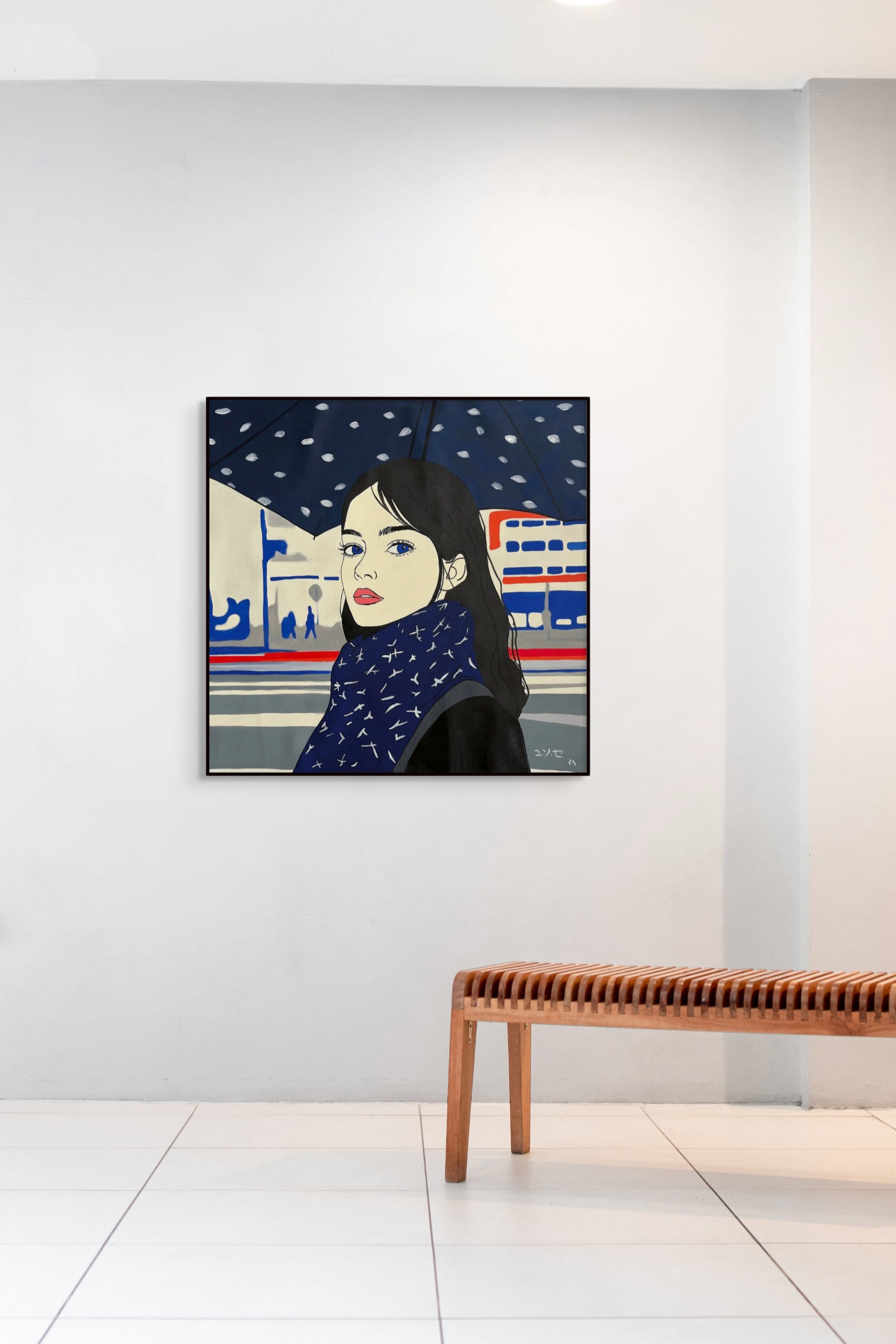 Œuvre Through the City Rain 2024 de Yun Sé exposée en galerie, peinture acrylique sur toile 60 x 60 cm