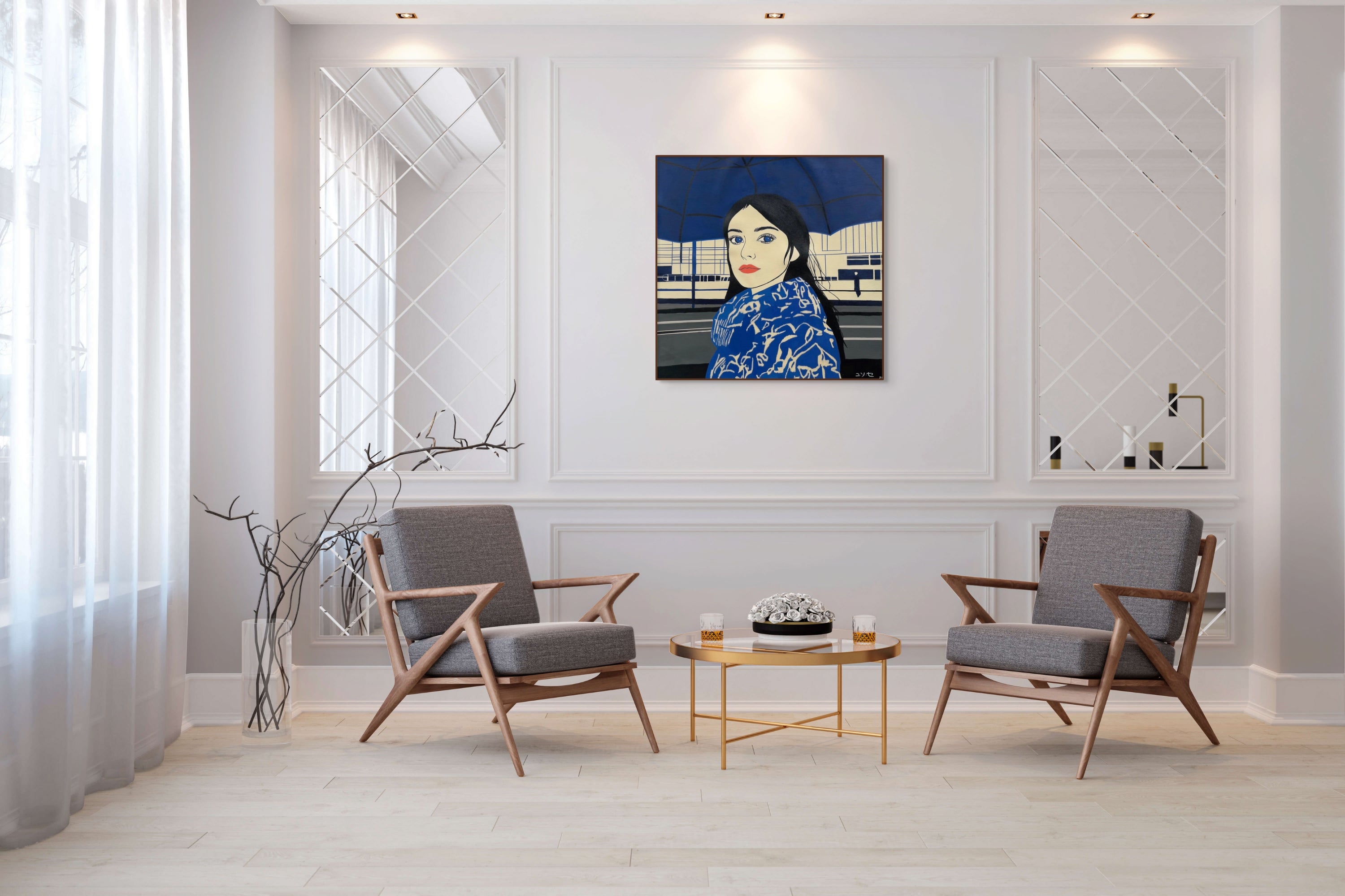 Œuvre Under the Blue Sky 2024 de Yun Sé exposée en intérieur contemporain, peinture acrylique 60 x 60 cm