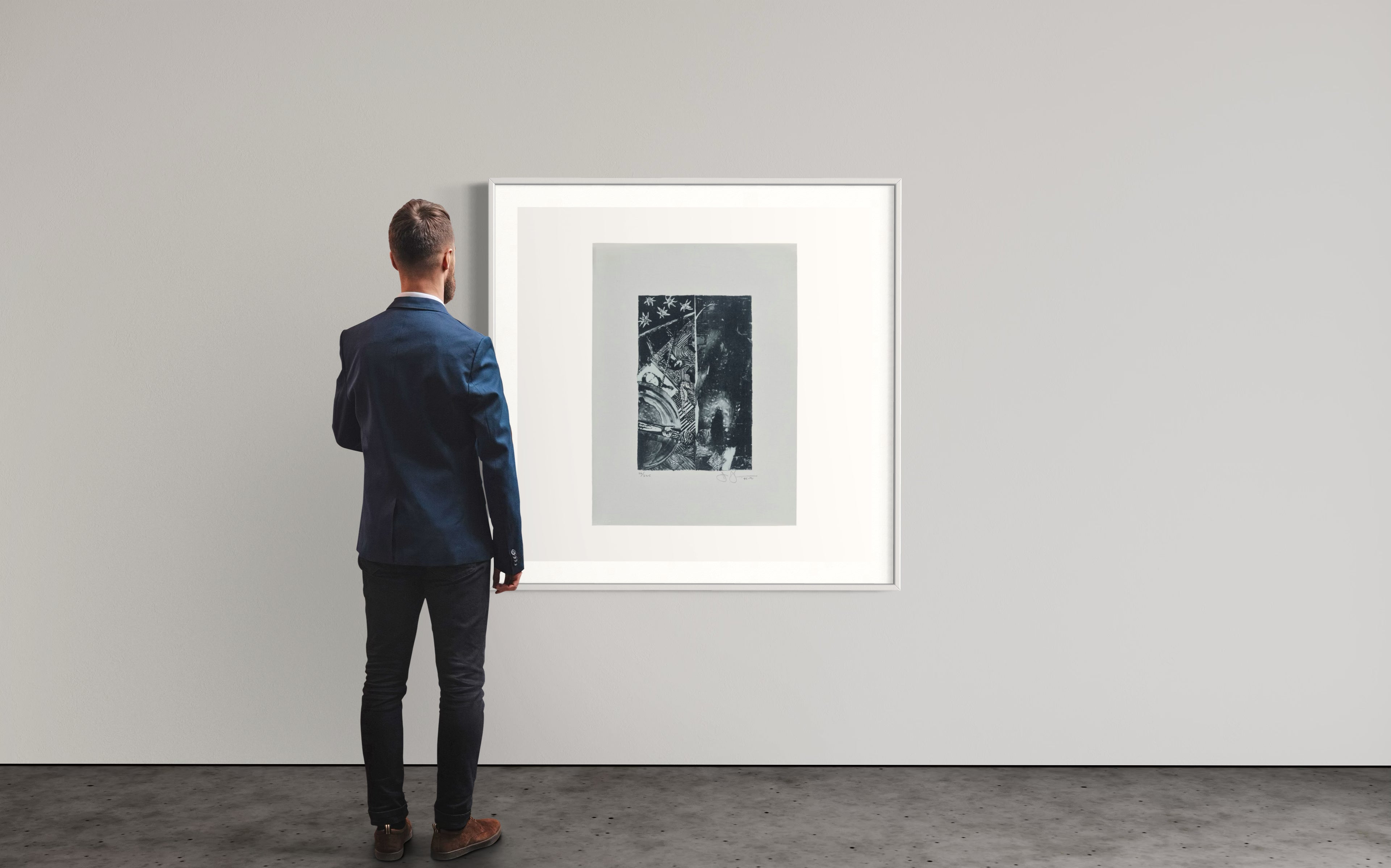 Jasper Johns lithograph Summer (Blue) (1985–1991) displayed on a gallery wall
