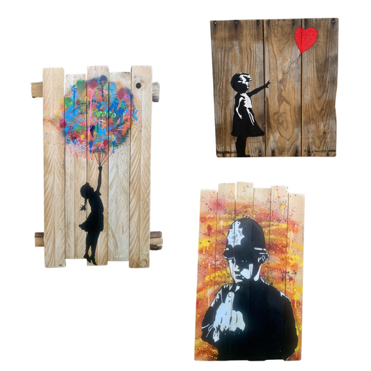 Set di 3 stencil BANKSY su pannelli di legno
