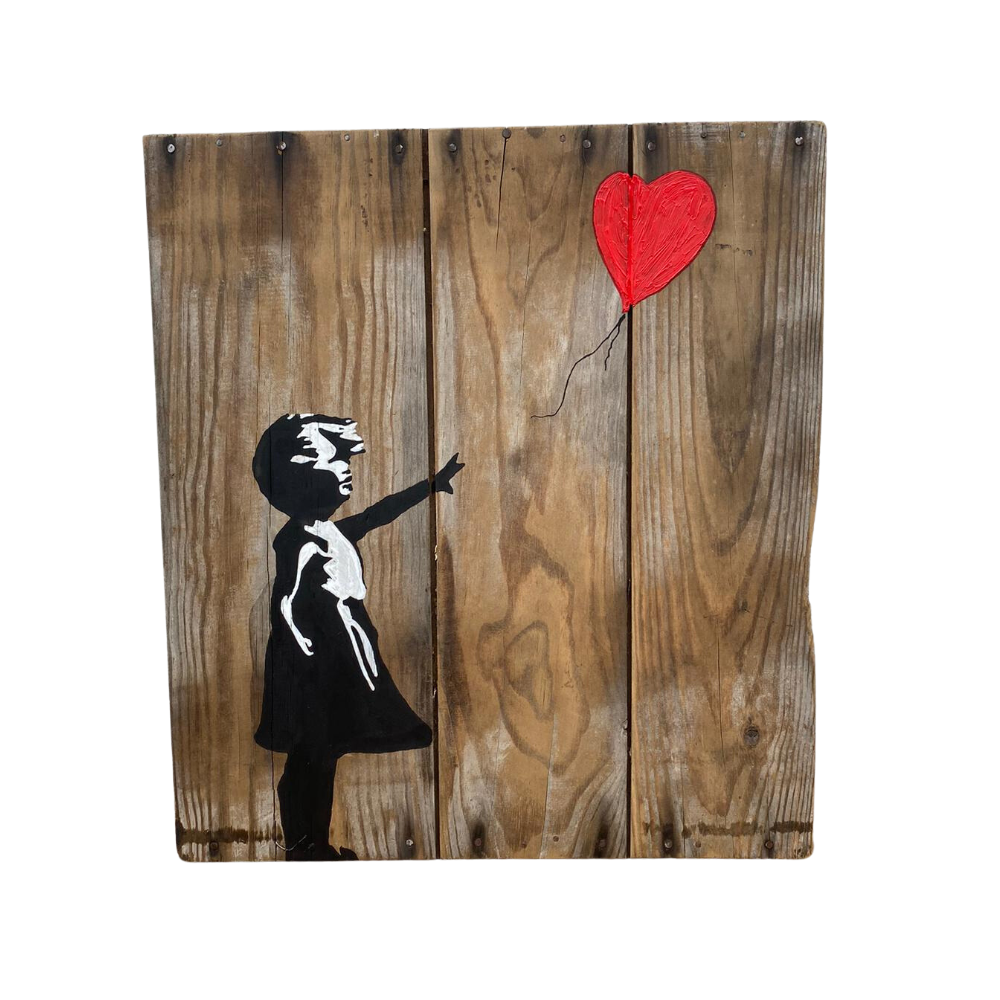 BANKSY, Girl with Balloon, Pochoir sur panneau en bois